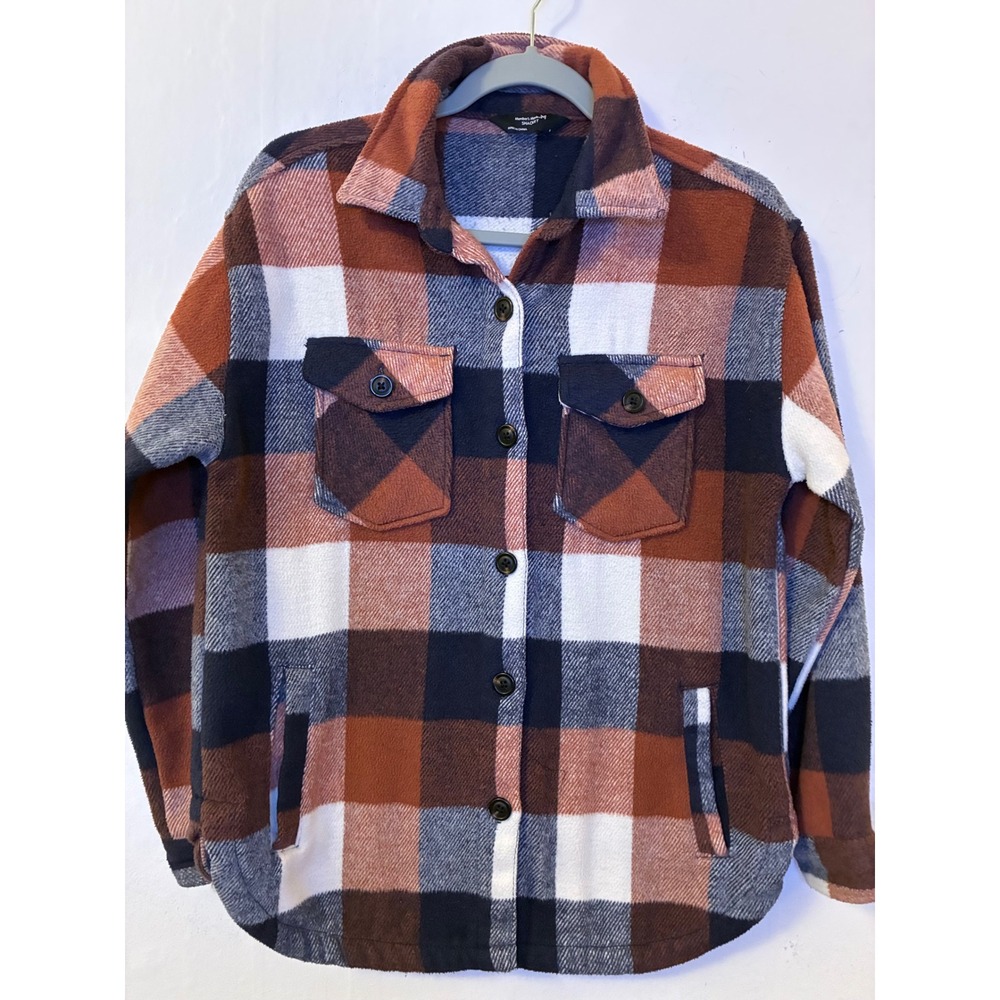 Member's Mark Plaid Shacket Orange Navy Blue White Fleece Shirt Jacket Small